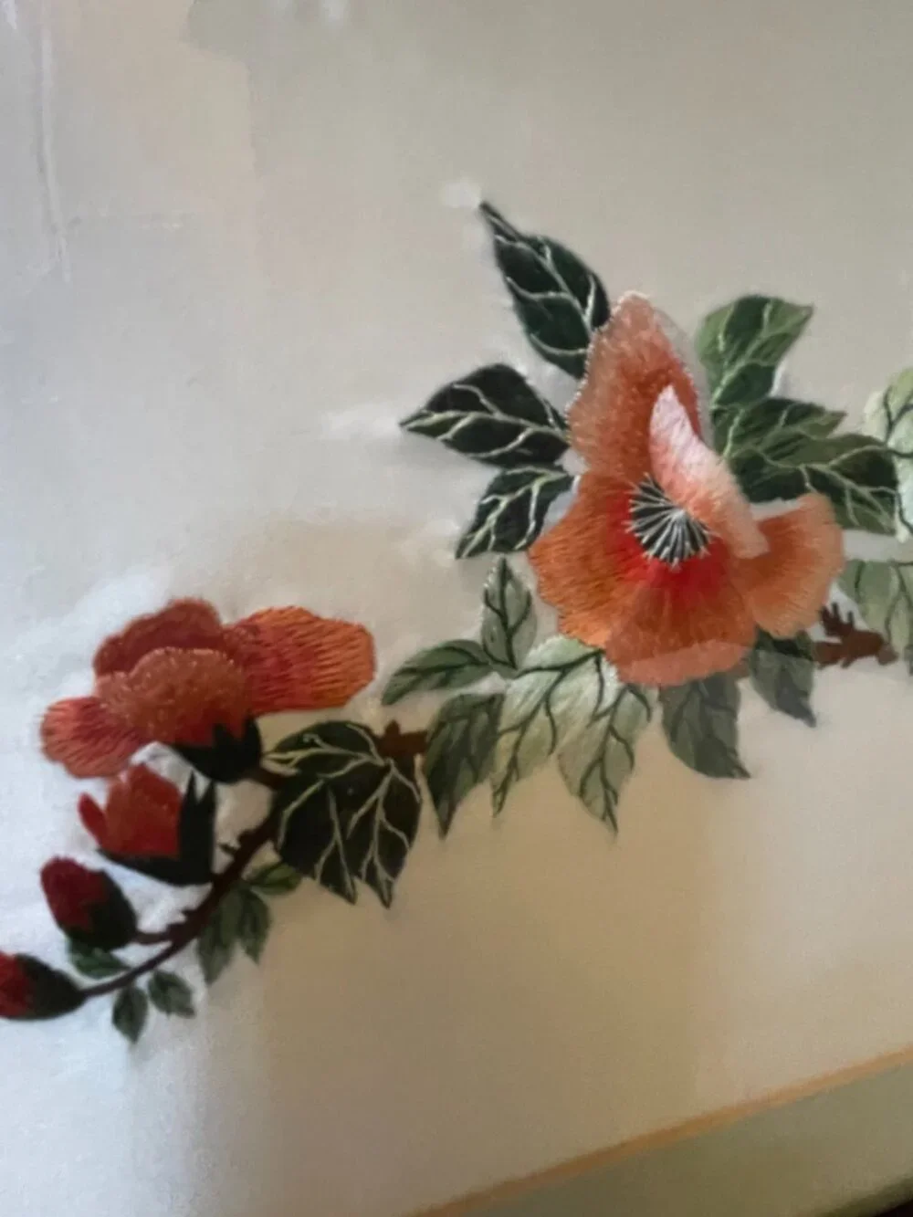 VTG Asian Wall Art Silk Embroidered Pink Flowers & Butterflies 3.5